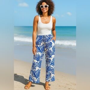 NWT Happily Grey Blue Palm Leaf Wide Leg Linen Blend Resort Pants Coastal, M